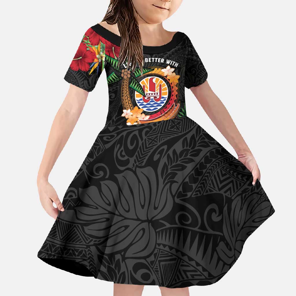 Personalised French Polynesia Outrigger Canoe Race Family Matching Tank Maxi Dress and Hawaiian Shirt Tropical Vibe LT05 Daughter's Dress Black - Polynesian Pride