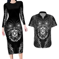 Aotearoa Toitu Te Tiriti Couples Matching Long Sleeve Bodycon Dress and Hawaiian Shirt Ka Mua Ka Muri LT05 Black - Polynesian Pride