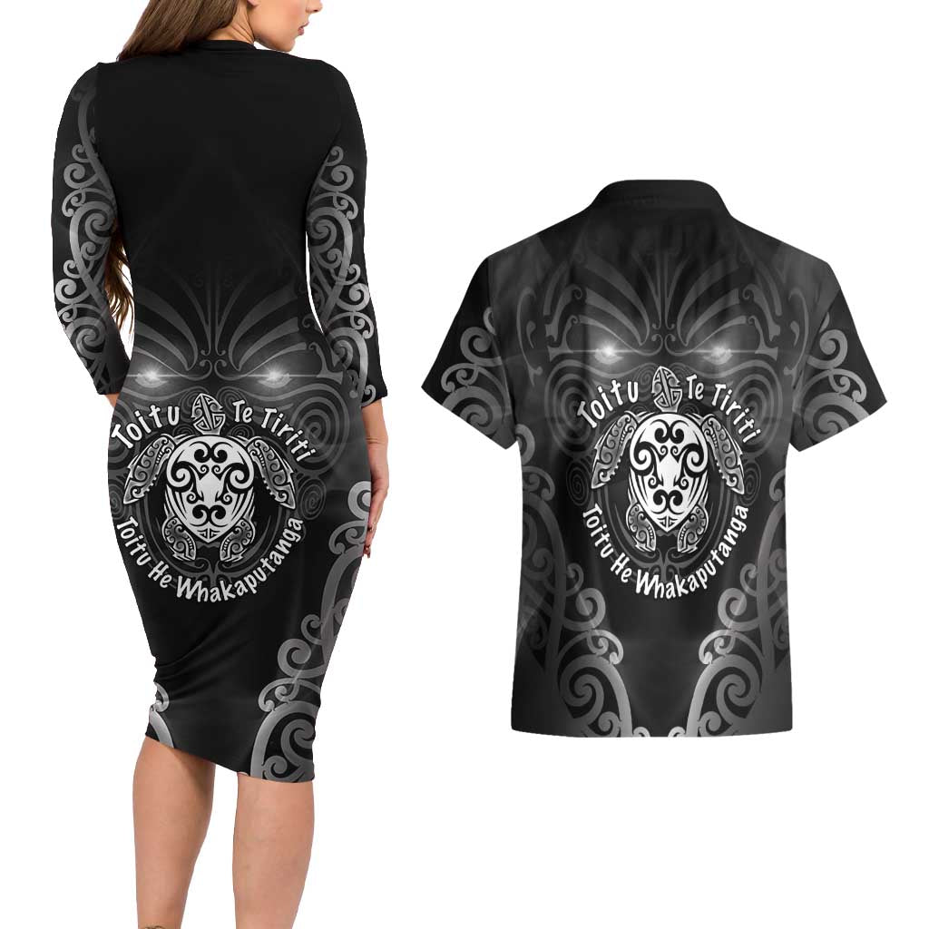 Aotearoa Toitu Te Tiriti Couples Matching Long Sleeve Bodycon Dress and Hawaiian Shirt Ka Mua Ka Muri LT05 - Polynesian Pride