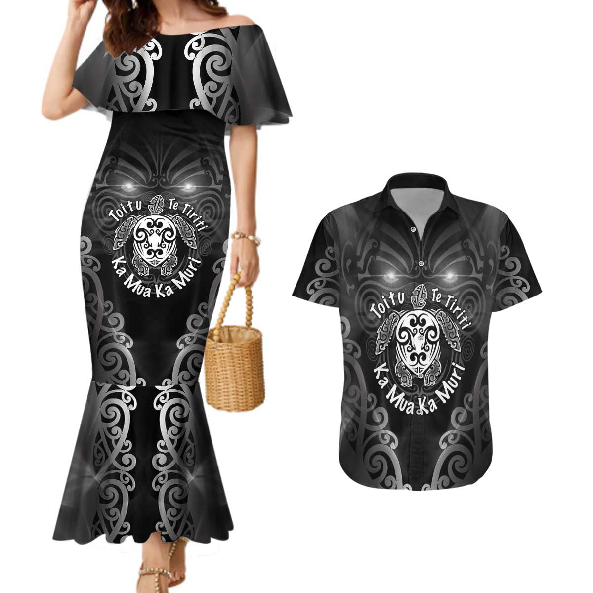 Aotearoa Toitu Te Tiriti Couples Matching Mermaid Dress and Hawaiian Shirt Ka Mua Ka Muri LT05 Black - Polynesian Pride