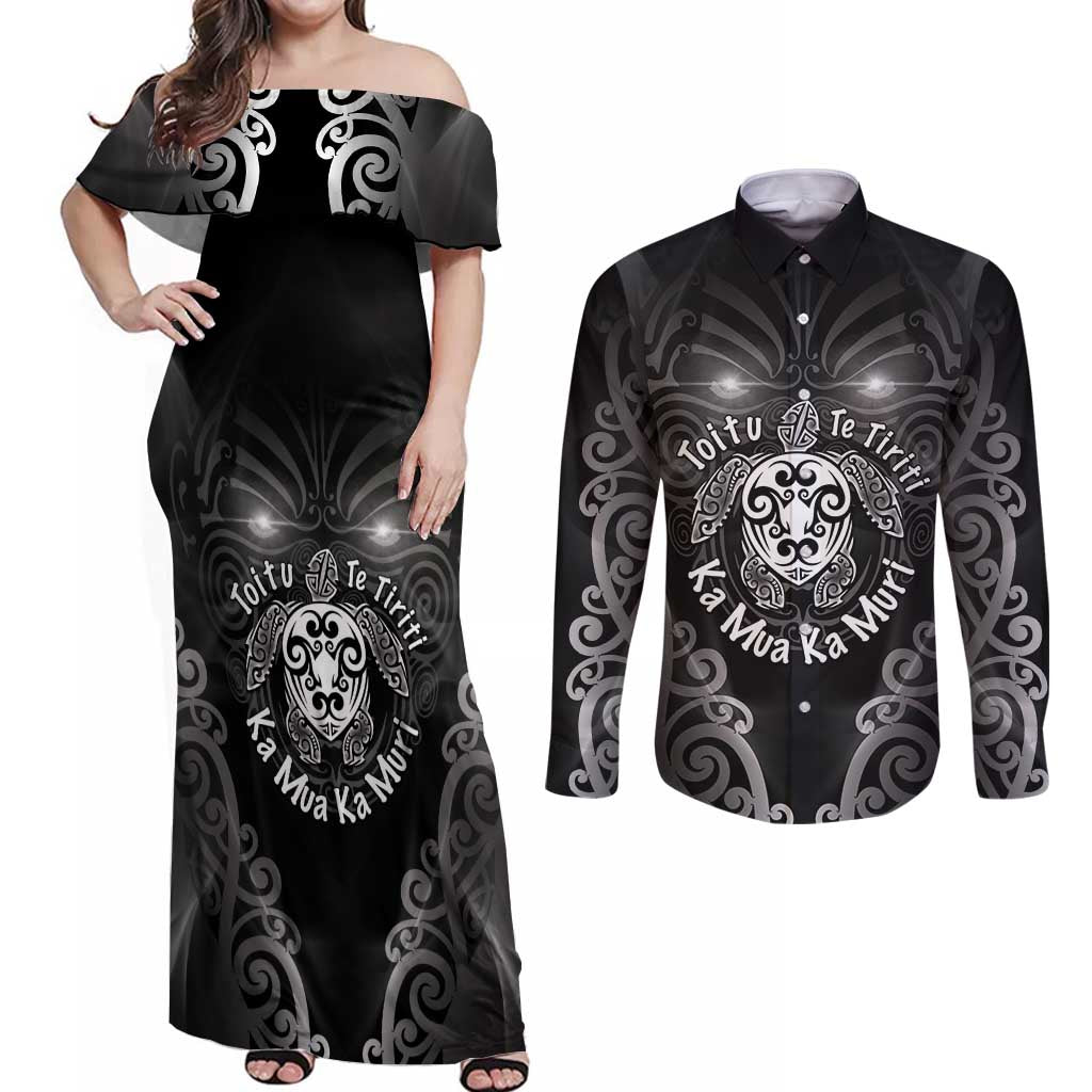 Aotearoa Toitu Te Tiriti Couples Matching Off Shoulder Maxi Dress and Long Sleeve Button Shirt Ka Mua Ka Muri