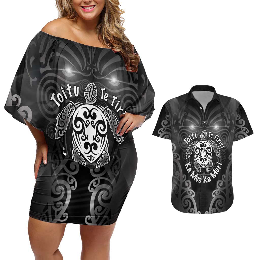 Aotearoa Toitu Te Tiriti Couples Matching Off Shoulder Short Dress and Hawaiian Shirt Ka Mua Ka Muri