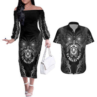 Aotearoa Toitu Te Tiriti Couples Matching Off The Shoulder Long Sleeve Dress and Hawaiian Shirt Ka Mua Ka Muri LT05 Black - Polynesian Pride