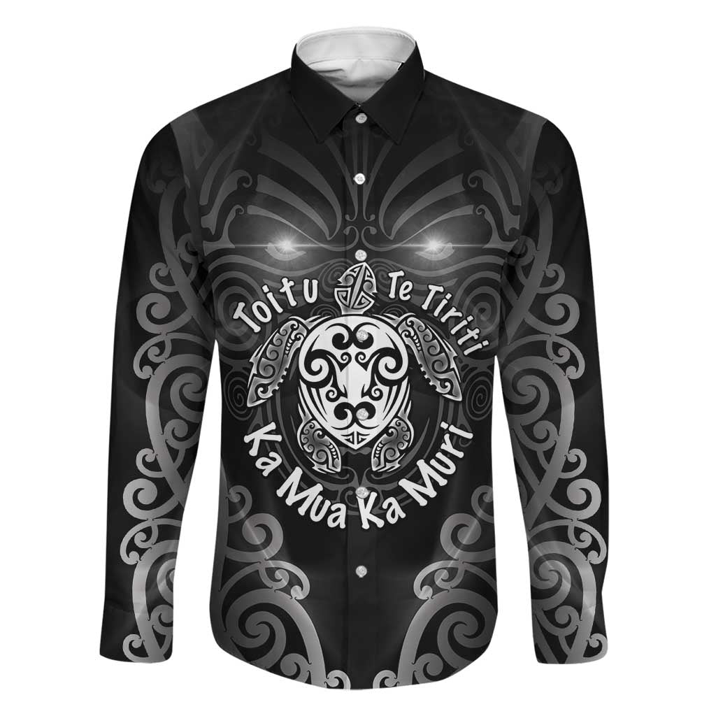 Aotearoa Toitu Te Tiriti Family Matching Off Shoulder Maxi Dress and Hawaiian Shirt Ka Mua Ka Muri LT05 Dad's Shirt - Long Sleeve Black - Polynesian Pride