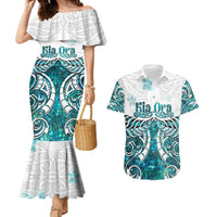 New Zealand Aotearoa Kia Ora Couples Matching Mermaid Dress and Hawaiian Shirt Paua Shell Maori Silver Fern LT05 Turquoise - Polynesian Pride