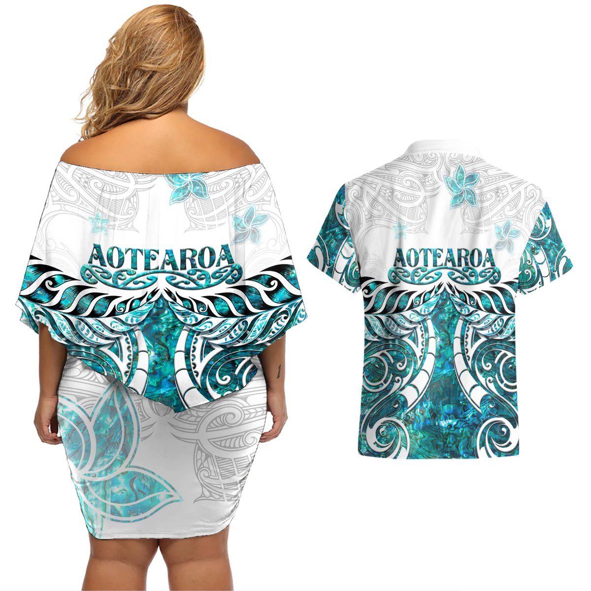 New Zealand Aotearoa Kia Ora Couples Matching Off Shoulder Short Dress and Hawaiian Shirt Paua Shell Maori Silver Fern LT05 - Polynesian Pride