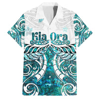 New Zealand Aotearoa Kia Ora Family Matching Off Shoulder Long Sleeve Dress and Hawaiian Shirt Paua Shell Maori Silver Fern LT05 Dad's Shirt - Short Sleeve Turquoise - Polynesian Pride