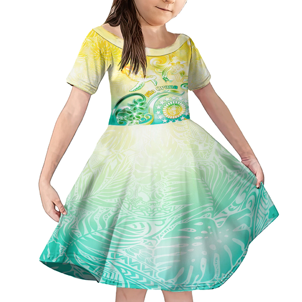 Personalised Cook Islands Kia Orana Family Matching Off Shoulder Long Sleeve Dress and Hawaiian Shirt Polynesian Turtle With Circle Stars LT05 Daughter's Dress Yellow - Polynesian Pride