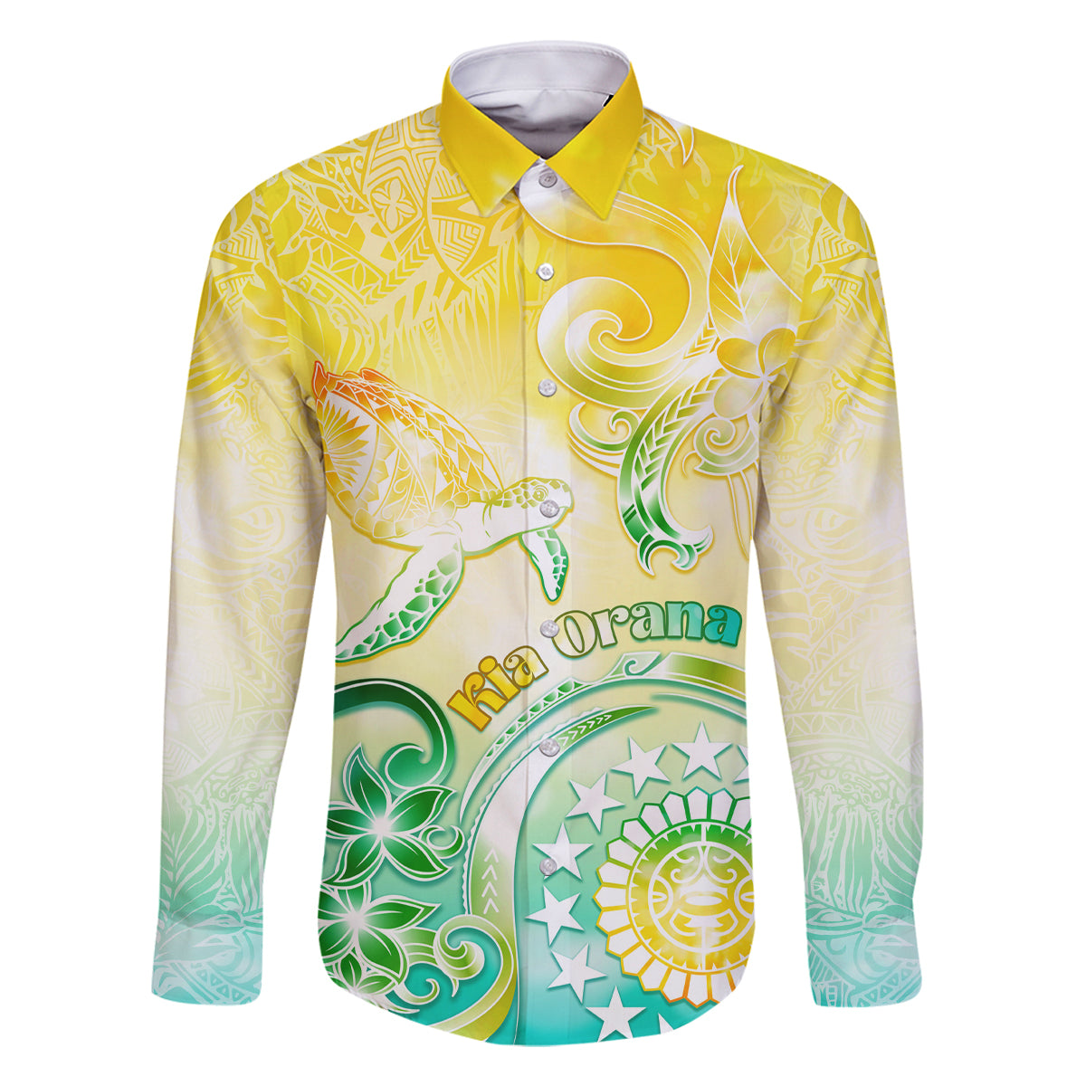 Personalised Cook Islands Kia Orana Family Matching Off Shoulder Short Dress and Hawaiian Shirt Polynesian Turtle With Circle Stars LT05 Dad's Shirt - Long Sleeve Yellow - Polynesian Pride