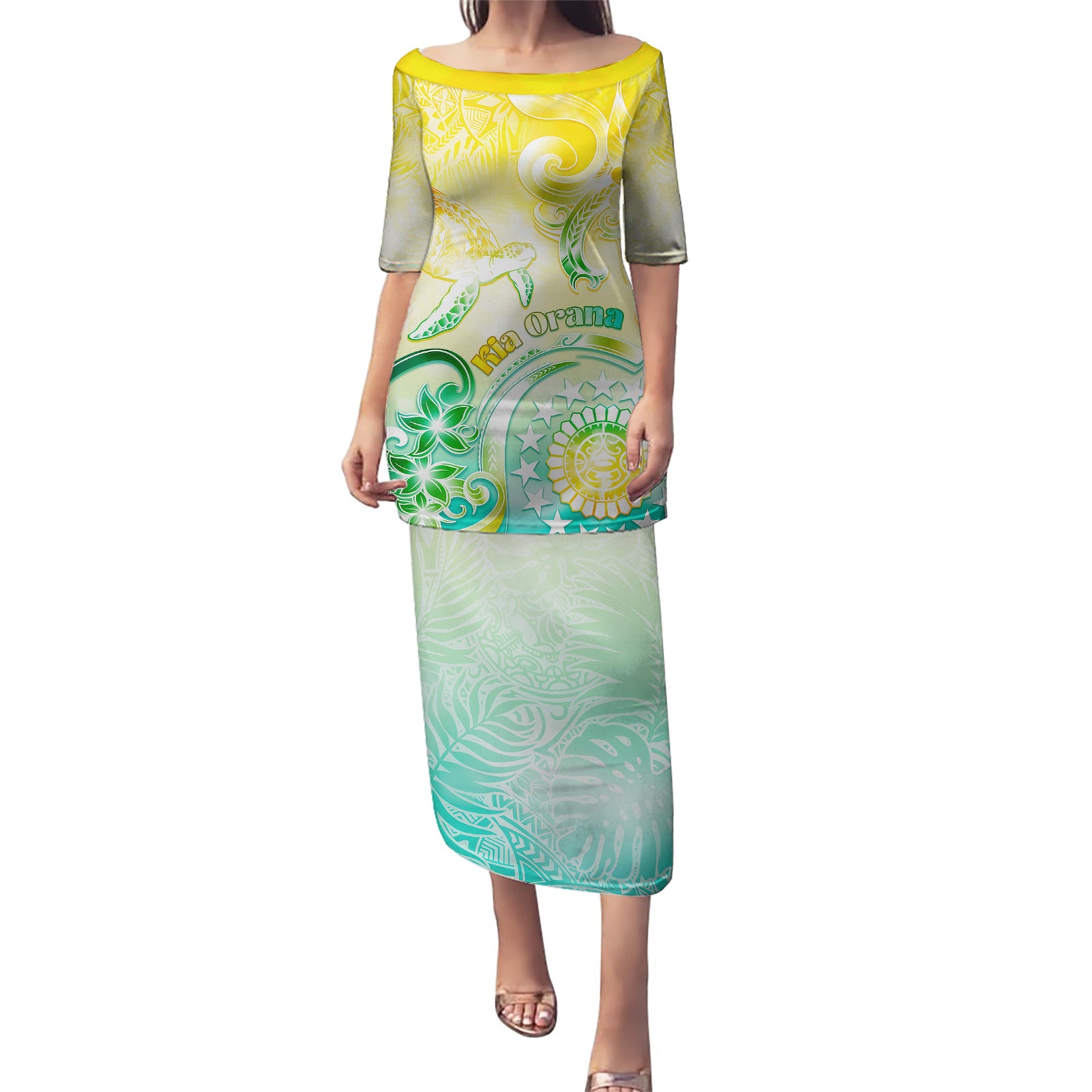Personalised Cook Islands Kia Orana Puletasi Polynesian Turtle With Circle Stars LT05 Long Dress Yellow - Polynesian Pride