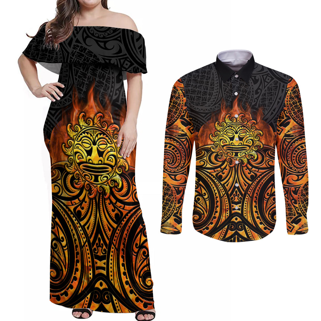 New Zealand Tamanuitera The Sun Couples Matching Off Shoulder Maxi Dress and Long Sleeve Button Shirt Maori Pattern