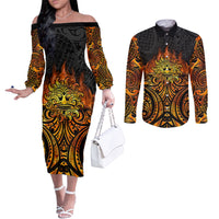 New Zealand Tamanuitera The Sun Couples Matching Off The Shoulder Long Sleeve Dress and Long Sleeve Button Shirt Maori Pattern LT05 Orange - Polynesian Pride