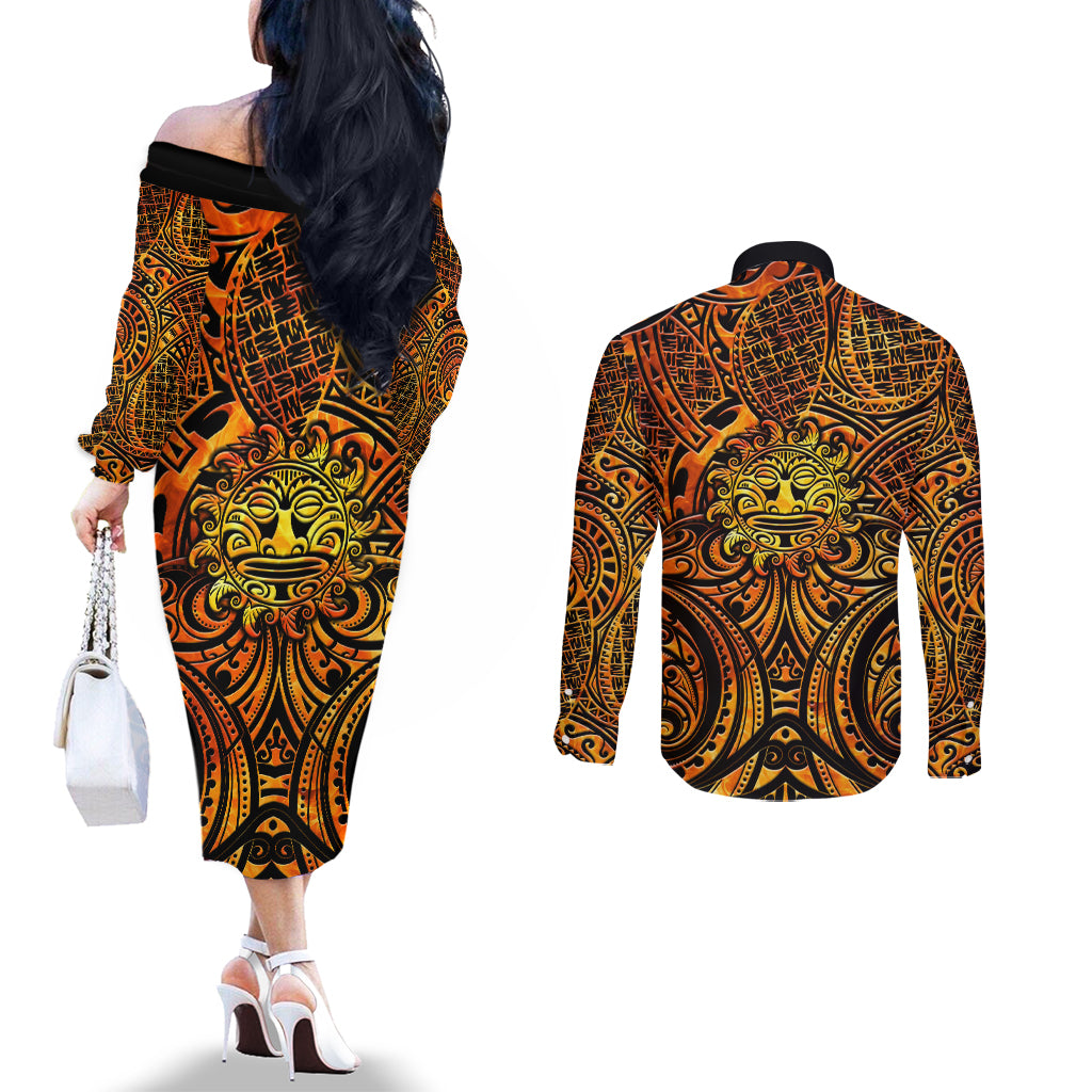 New Zealand Tamanuitera The Sun Couples Matching Off The Shoulder Long Sleeve Dress and Long Sleeve Button Shirt Maori Pattern LT05 - Polynesian Pride