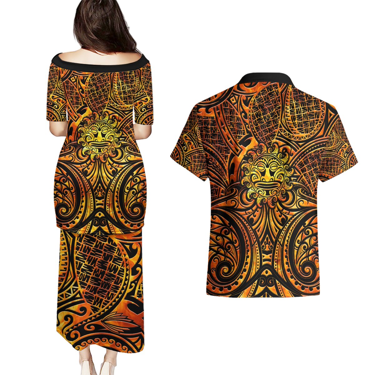 New Zealand Tamanuitera The Sun Couples Matching Puletasi and Hawaiian Shirt Maori Pattern