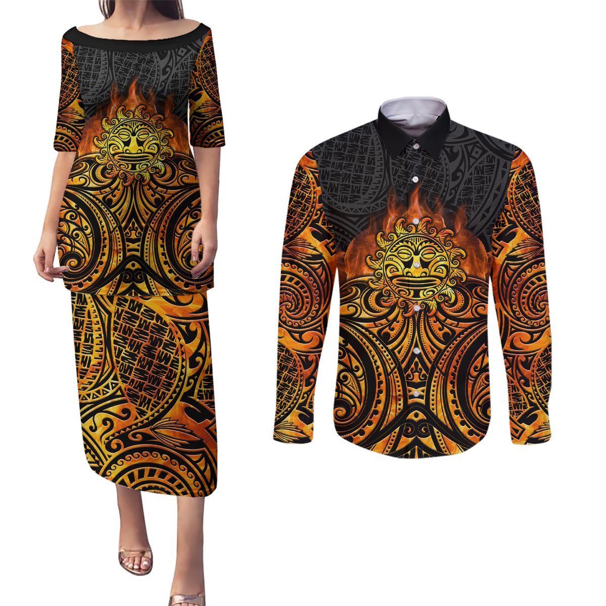 New Zealand Tamanuitera The Sun Couples Matching Puletasi and Long Sleeve Button Shirt Maori Pattern
