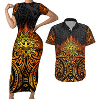 New Zealand Tamanuitera The Sun Couples Matching Short Sleeve Bodycon Dress and Hawaiian Shirt Maori Pattern LT05 Orange - Polynesian Pride
