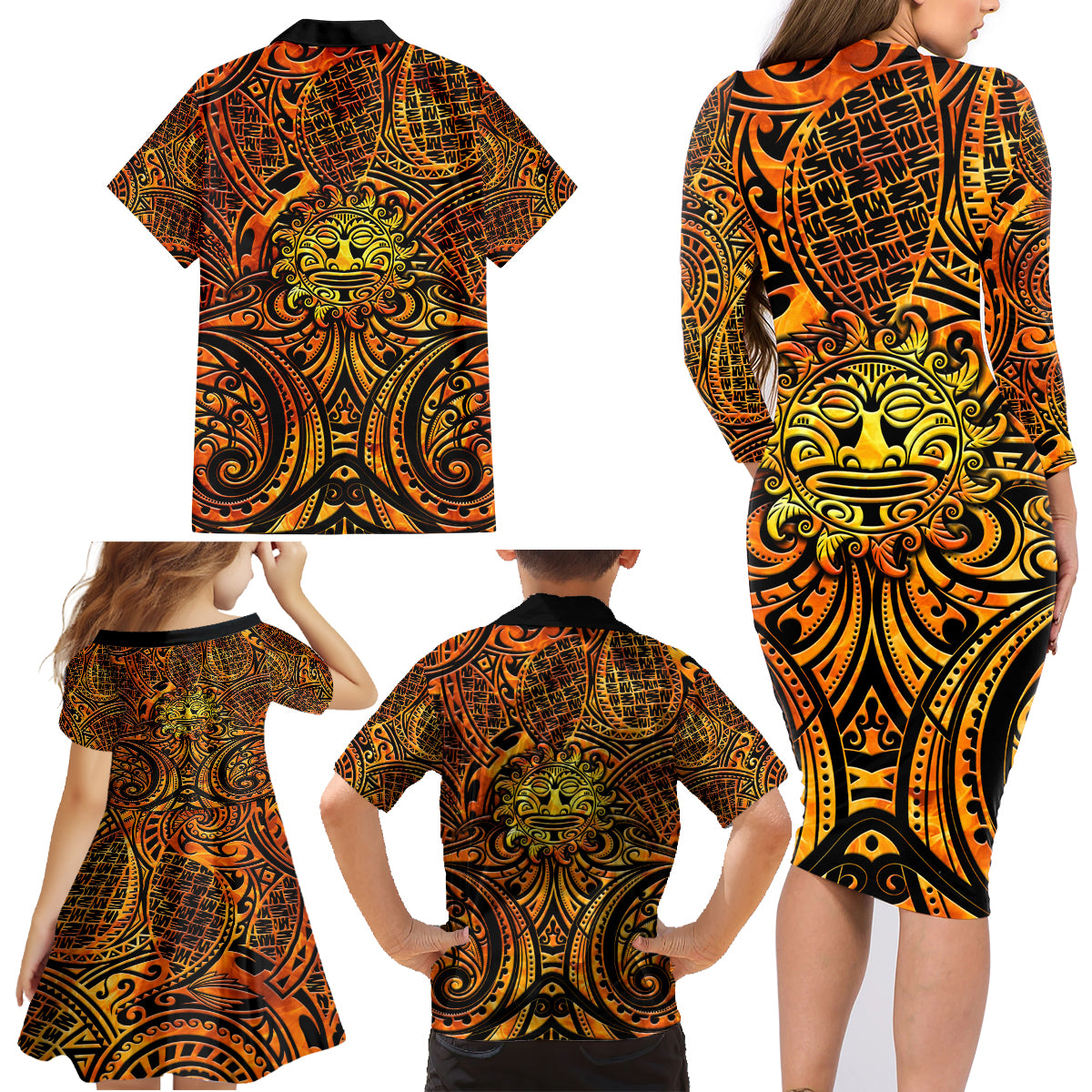 New Zealand Tamanuitera The Sun Family Matching Long Sleeve Bodycon Dress and Hawaiian Shirt Maori Pattern LT05 - Polynesian Pride