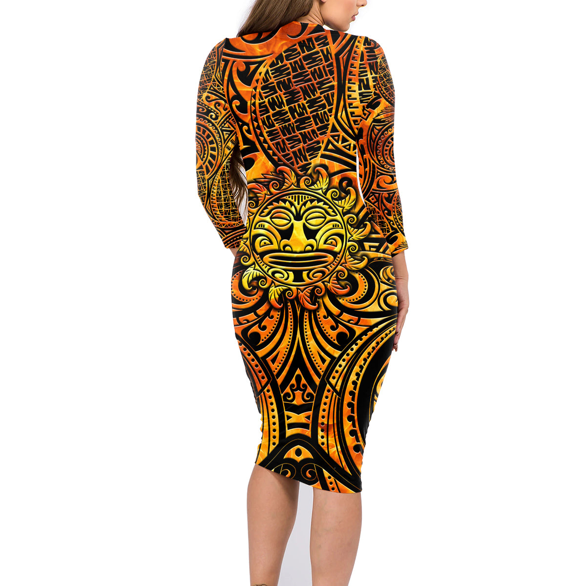 New Zealand Tamanuitera The Sun Family Matching Long Sleeve Bodycon Dress and Hawaiian Shirt Maori Pattern LT05 - Polynesian Pride