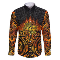 New Zealand Tamanuitera The Sun Family Matching Off Shoulder Maxi Dress and Hawaiian Shirt Maori Pattern LT05 Dad's Shirt - Long Sleeve Orange - Polynesian Pride