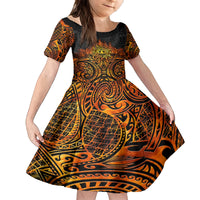 New Zealand Tamanuitera The Sun Family Matching Off Shoulder Short Dress and Hawaiian Shirt Maori Pattern LT05 Daughter's Dress Orange - Polynesian Pride