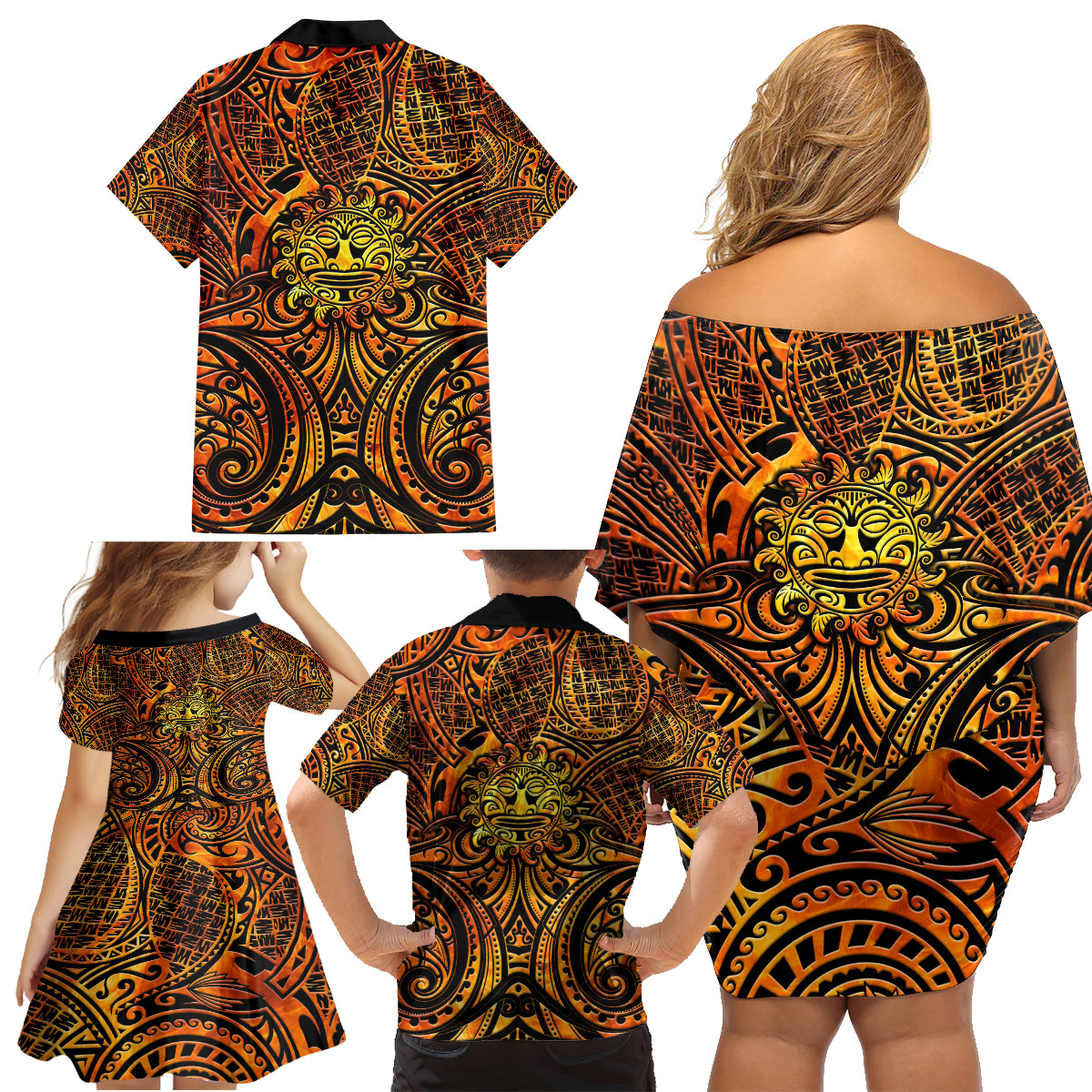 New Zealand Tamanuitera The Sun Family Matching Off Shoulder Short Dress and Hawaiian Shirt Maori Pattern LT05 - Polynesian Pride