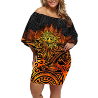 New Zealand Tamanuitera The Sun Family Matching Off Shoulder Short Dress and Hawaiian Shirt Maori Pattern LT05 Mom's Dress Orange - Polynesian Pride