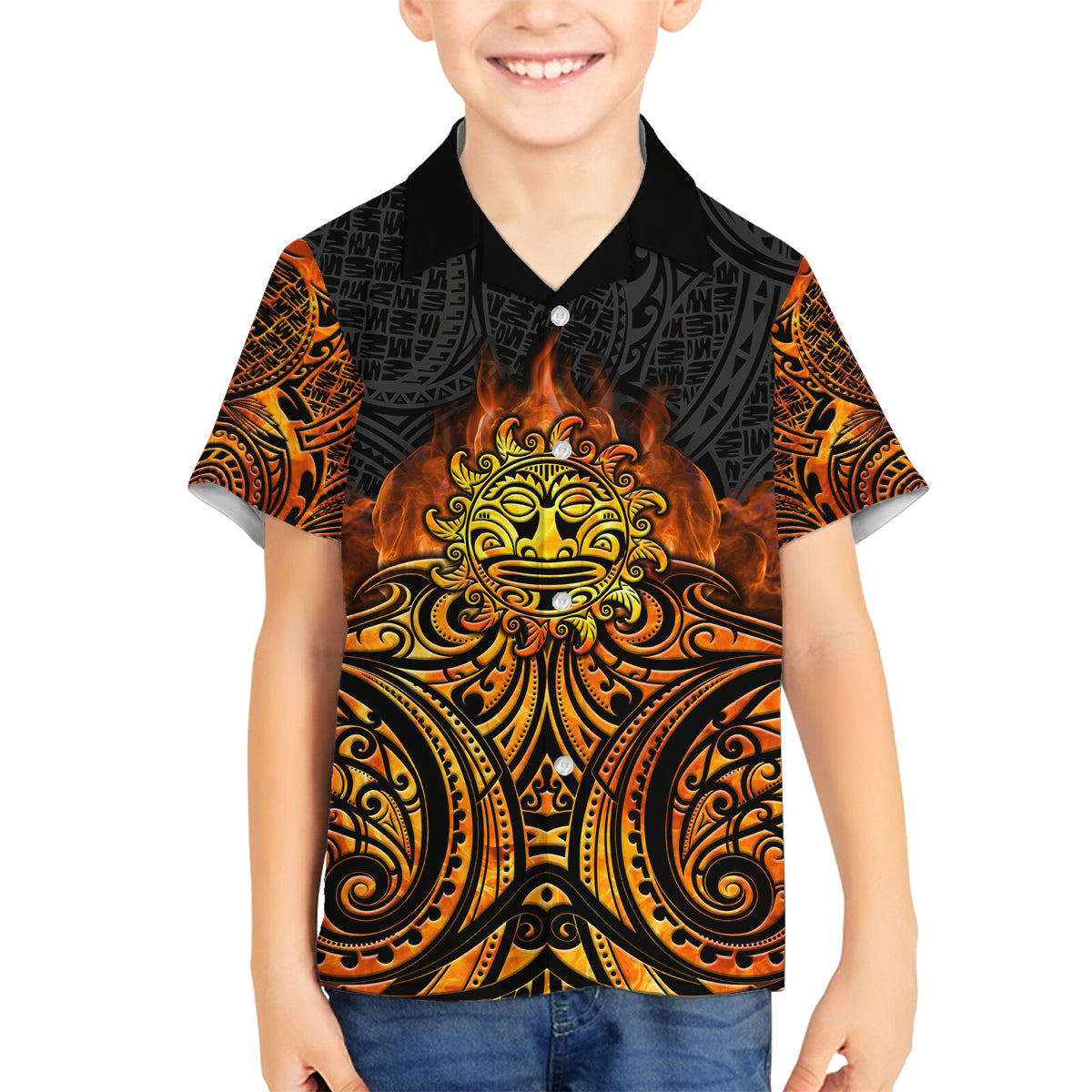 New Zealand Tamanuitera The Sun Family Matching Puletasi and Hawaiian Shirt Maori Pattern LT05 Son's Shirt Orange - Polynesian Pride