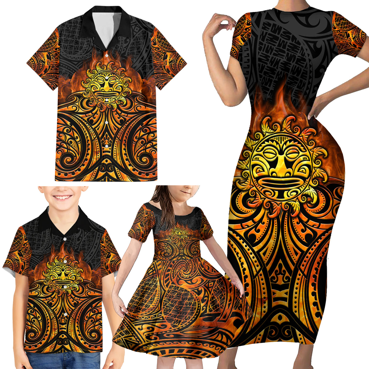 New Zealand Tamanuitera The Sun Family Matching Short Sleeve Bodycon Dress and Hawaiian Shirt Maori Pattern LT05 - Polynesian Pride