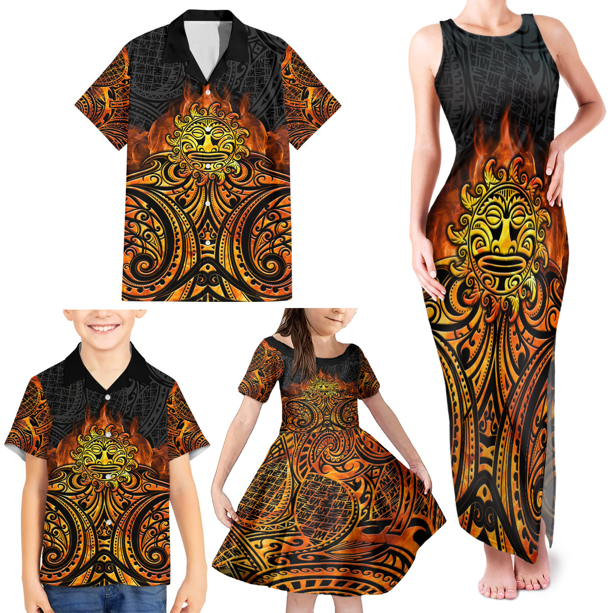 New Zealand Tamanuitera The Sun Family Matching Tank Maxi Dress and Hawaiian Shirt Maori Pattern LT05 - Polynesian Pride