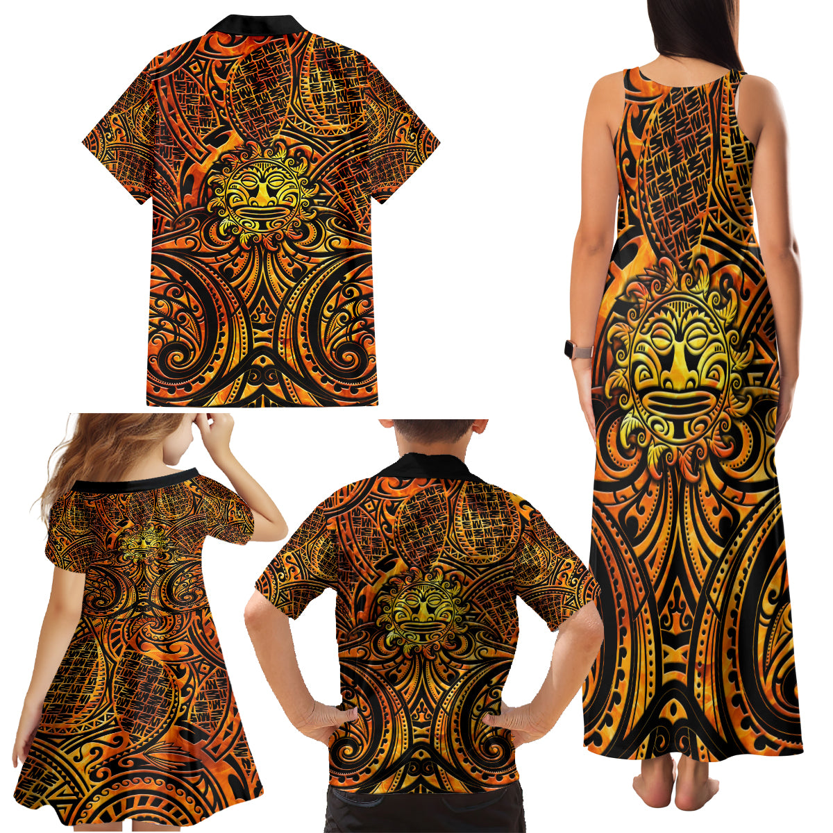 New Zealand Tamanuitera The Sun Family Matching Tank Maxi Dress and Hawaiian Shirt Maori Pattern LT05 - Polynesian Pride