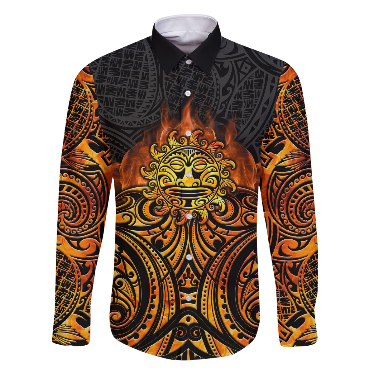New Zealand Tamanuitera The Sun Family Matching Tank Maxi Dress and Hawaiian Shirt Maori Pattern LT05 Dad's Shirt - Long Sleeve Orange - Polynesian Pride