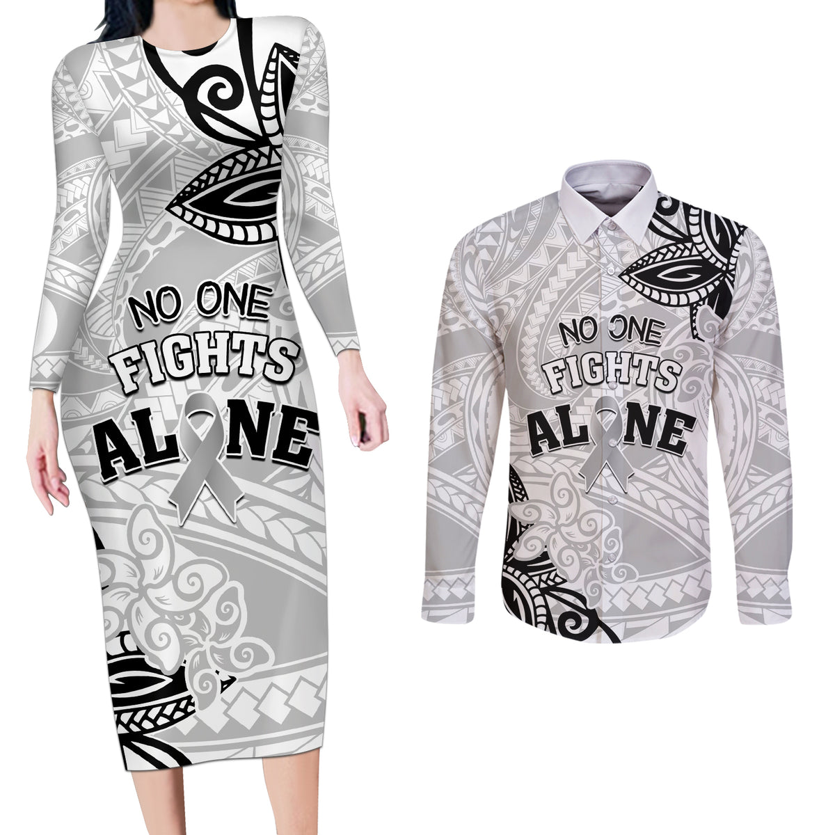 Personalised Polynesia Brain Cancer Couples Matching Long Sleeve Bodycon Dress and Long Sleeve Button Shirt No One Fights Alone