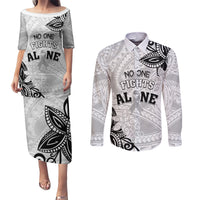 Personalised Polynesia Brain Cancer Couples Matching Puletasi and Long Sleeve Button Shirt No One Fights Alone