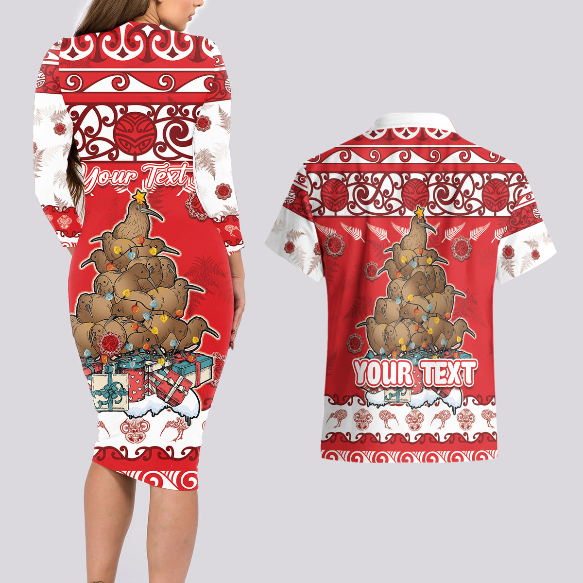Personalised New Zealand Christmas In July Couples Matching Long Sleeve Bodycon Dress and Hawaiian Shirt Maori Kiwi Xmas Tree - Red LT05 - Polynesian Pride