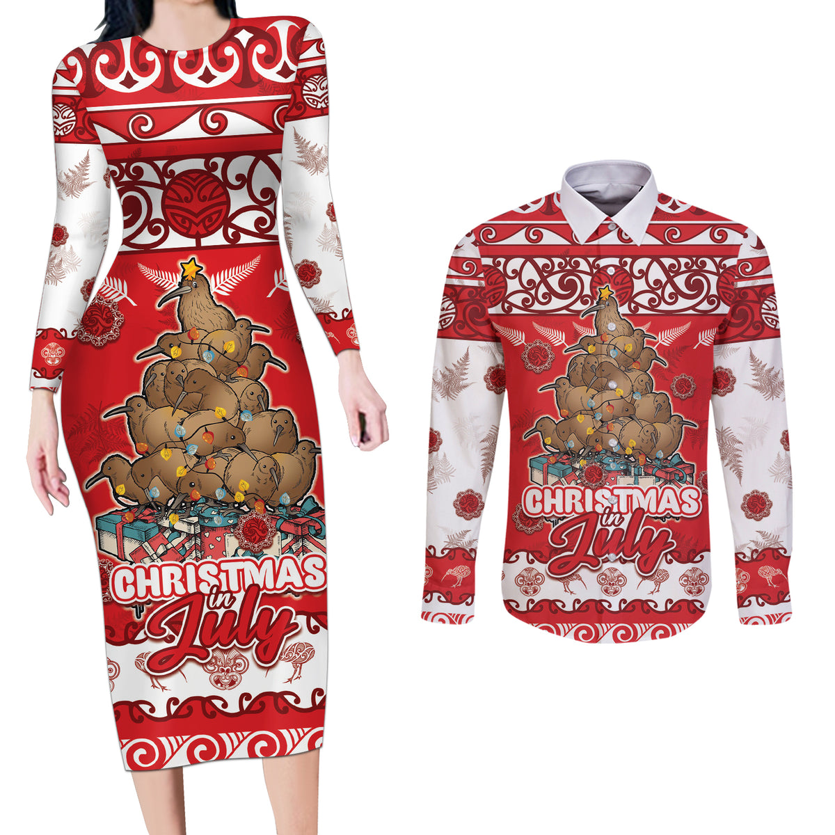 Personalised New Zealand Christmas In July Couples Matching Long Sleeve Bodycon Dress and Long Sleeve Button Shirt Maori Kiwi Xmas Tree - Red LT05 Red - Polynesian Pride
