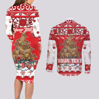Personalised New Zealand Christmas In July Couples Matching Long Sleeve Bodycon Dress and Long Sleeve Button Shirt Maori Kiwi Xmas Tree - Red LT05 - Polynesian Pride
