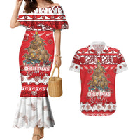 Personalised New Zealand Christmas In July Couples Matching Mermaid Dress and Hawaiian Shirt Maori Kiwi Xmas Tree - Red LT05 Red - Polynesian Pride