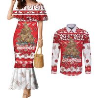 Personalised New Zealand Christmas In July Couples Matching Mermaid Dress and Long Sleeve Button Shirt Maori Kiwi Xmas Tree - Red LT05 Red - Polynesian Pride