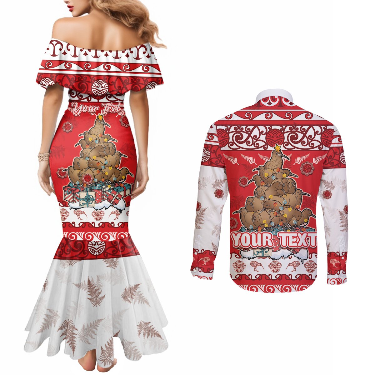 Personalised New Zealand Christmas In July Couples Matching Mermaid Dress and Long Sleeve Button Shirt Maori Kiwi Xmas Tree - Red LT05 - Polynesian Pride