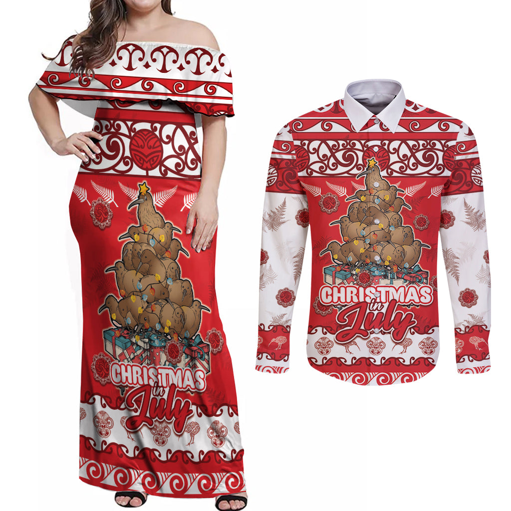 Personalised New Zealand Christmas In July Couples Matching Off Shoulder Maxi Dress and Long Sleeve Button Shirt Maori Kiwi Xmas Tree - Red LT05 Red - Polynesian Pride