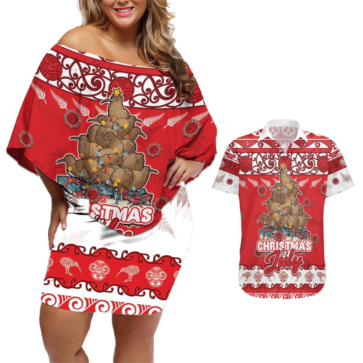 Personalised New Zealand Christmas In July Couples Matching Off Shoulder Short Dress and Hawaiian Shirt Maori Kiwi Xmas Tree - Red LT05 Red - Polynesian Pride