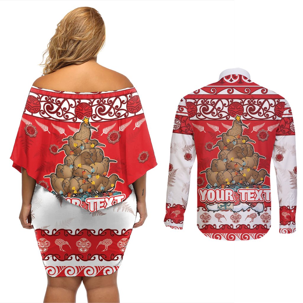 Personalised New Zealand Christmas In July Couples Matching Off Shoulder Short Dress and Long Sleeve Button Shirt Maori Kiwi Xmas Tree - Red LT05 - Polynesian Pride
