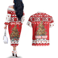 Personalised New Zealand Christmas In July Couples Matching Off The Shoulder Long Sleeve Dress and Hawaiian Shirt Maori Kiwi Xmas Tree - Red LT05 - Polynesian Pride