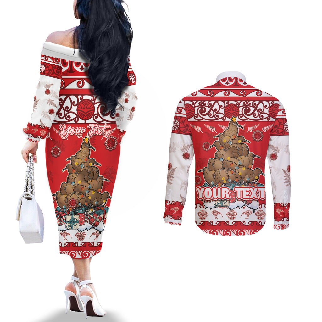Personalised New Zealand Christmas In July Couples Matching Off The Shoulder Long Sleeve Dress and Long Sleeve Button Shirt Maori Kiwi Xmas Tree - Red LT05 - Polynesian Pride