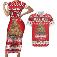 Personalised New Zealand Christmas In July Couples Matching Short Sleeve Bodycon Dress and Hawaiian Shirt Maori Kiwi Xmas Tree - Red LT05 Red - Polynesian Pride