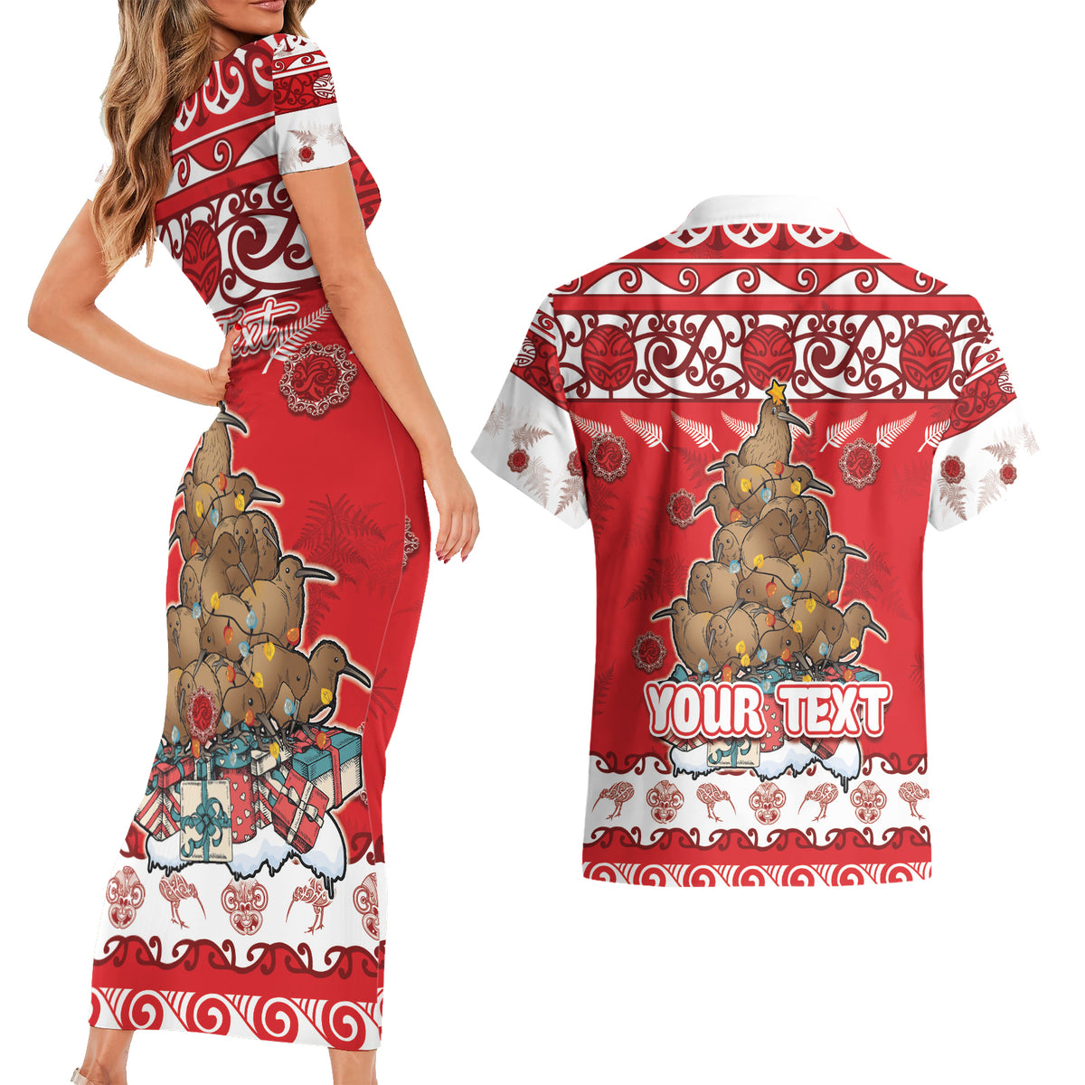 Personalised New Zealand Christmas In July Couples Matching Short Sleeve Bodycon Dress and Hawaiian Shirt Maori Kiwi Xmas Tree - Red LT05 - Polynesian Pride