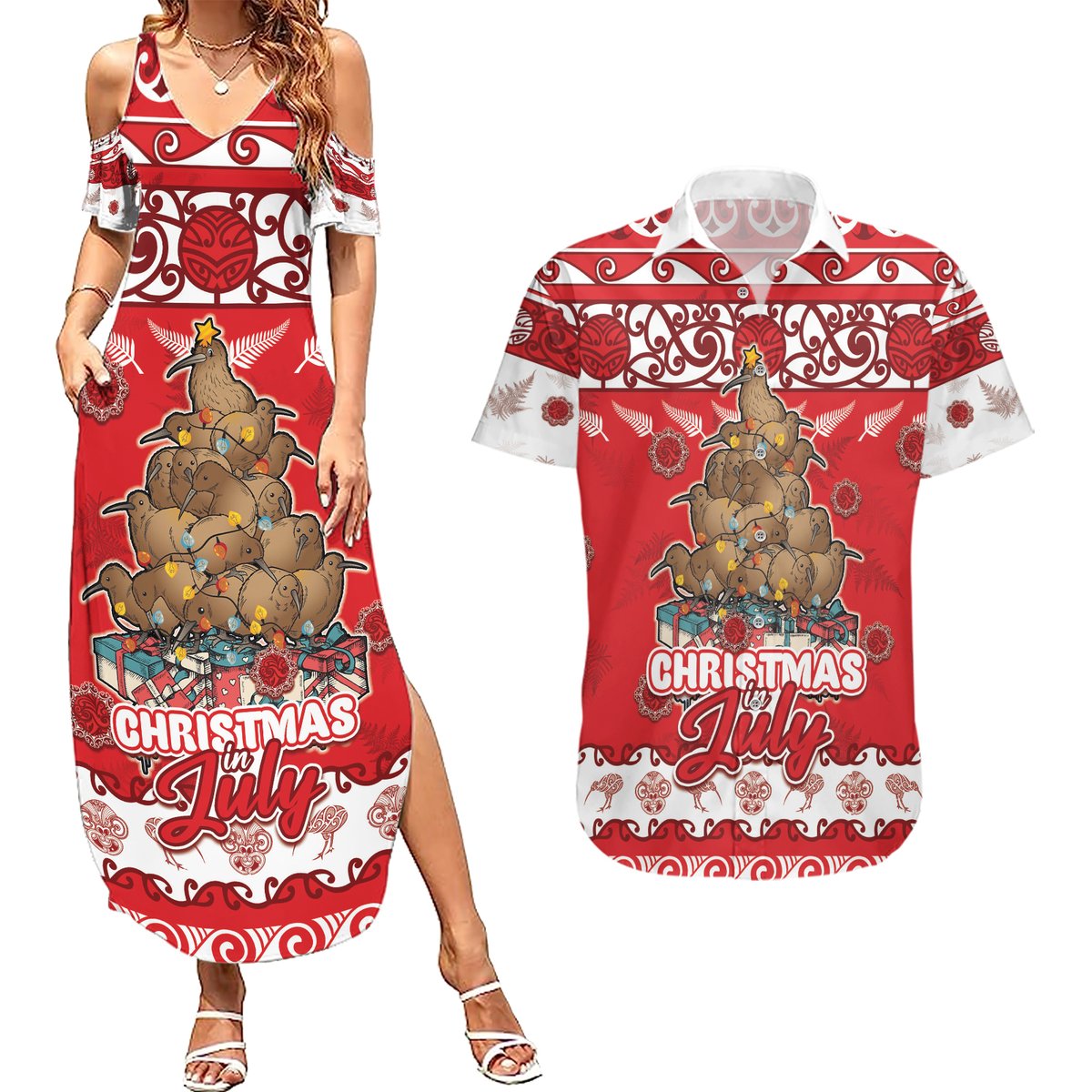 Personalised New Zealand Christmas In July Couples Matching Summer Maxi Dress and Hawaiian Shirt Maori Kiwi Xmas Tree - Red LT05 Red - Polynesian Pride