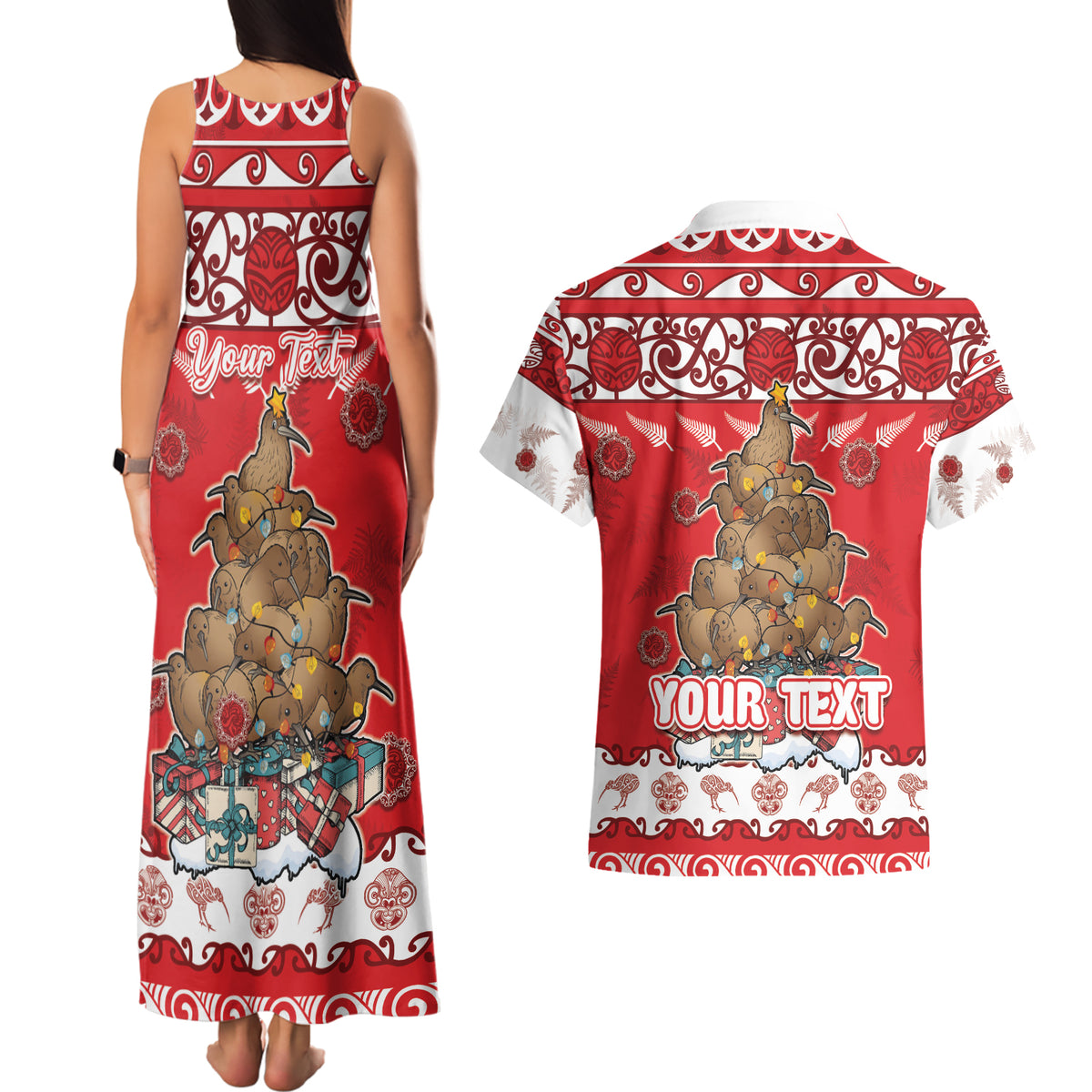 Personalised New Zealand Christmas In July Couples Matching Tank Maxi Dress and Hawaiian Shirt Maori Kiwi Xmas Tree - Red LT05 - Polynesian Pride