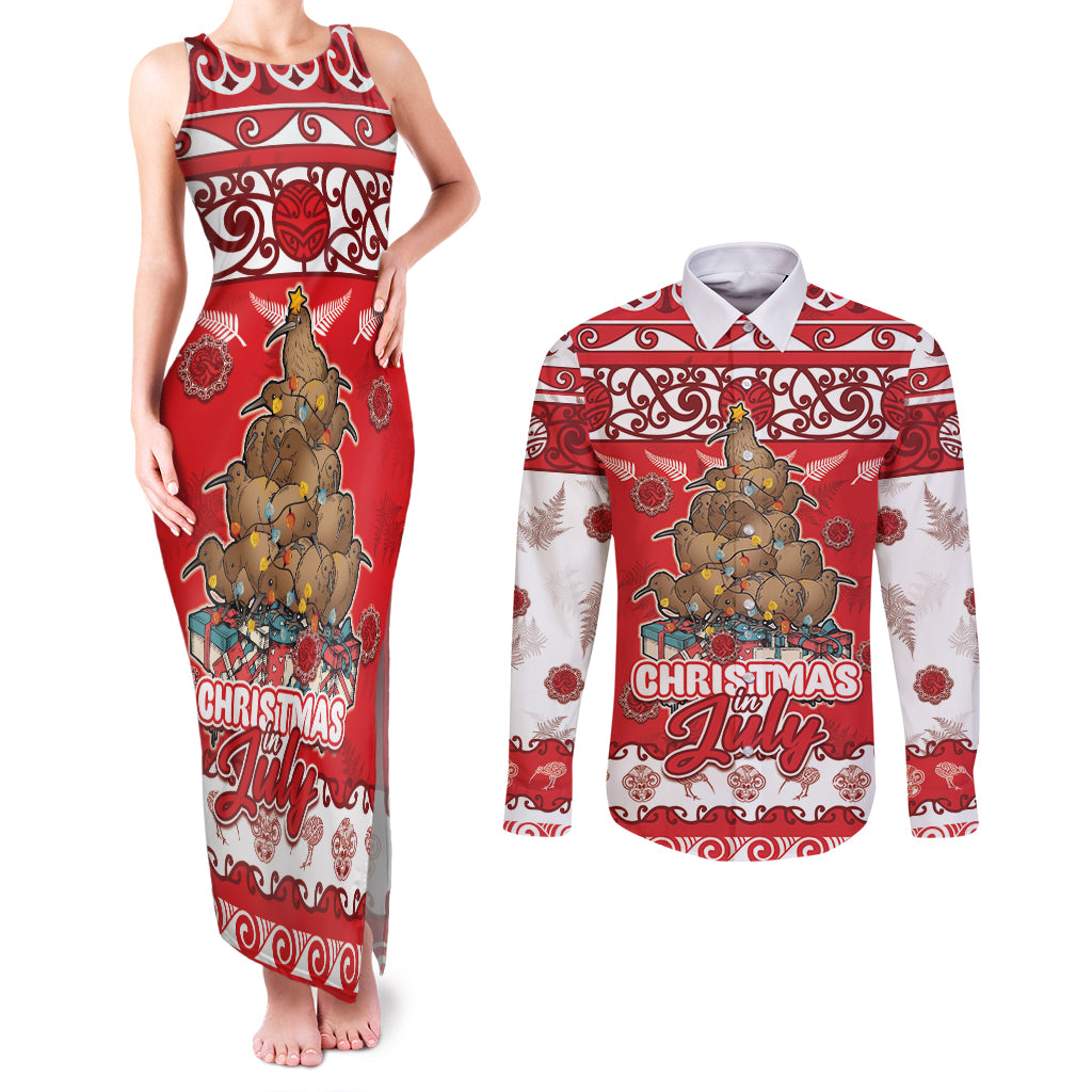 Personalised New Zealand Christmas In July Couples Matching Tank Maxi Dress and Long Sleeve Button Shirt Maori Kiwi Xmas Tree - Red LT05 Red - Polynesian Pride