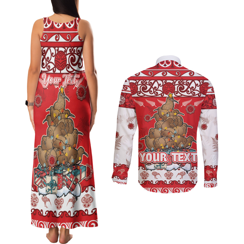 Personalised New Zealand Christmas In July Couples Matching Tank Maxi Dress and Long Sleeve Button Shirt Maori Kiwi Xmas Tree - Red LT05 - Polynesian Pride